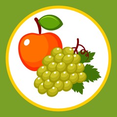 Drawn stylized apple and a bunch of grapes with a leaf. Vector illustration.