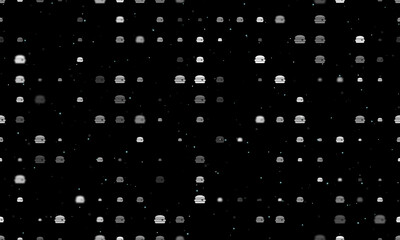 Seamless background pattern of evenly spaced white hamburger symbols of different sizes and opacity. Vector illustration on black background with stars