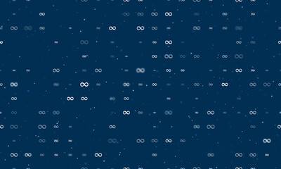 Seamless background pattern of evenly spaced white infinity symbols of different sizes and opacity. Vector illustration on dark blue background with stars