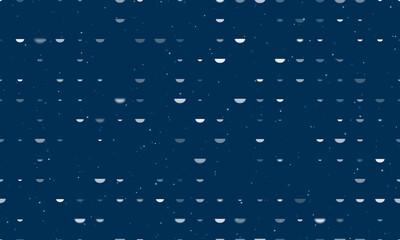 Seamless background pattern of evenly spaced white watermelon piece symbols of different sizes and opacity. Vector illustration on dark blue background with stars