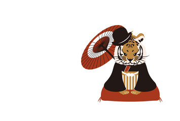 和風2022年の寅の年賀状と手書きの筆文字のベクターイラスト素材