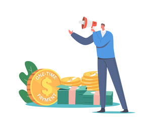 Tiny Male Character with Megaphone Promote Subscription Business Model with One Time Payment. Application Membership