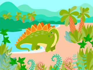 Set of cute dinosaurs on the background of nature in cartoon style. Bright childish drawing with animals. Vector illustration isolated on white background.