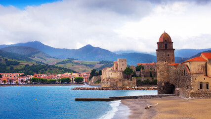 View of coastal village Collioure at south of France at spring day