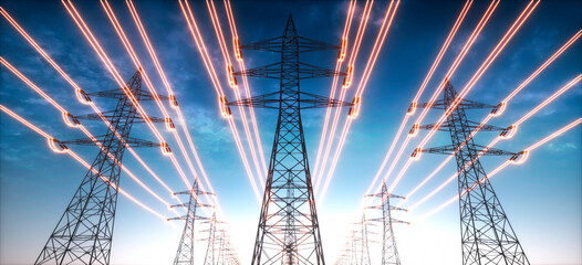 Electricity transmission towers with glowing wires against blue sky - Energy concept	 - obrazy, fototapety, plakaty