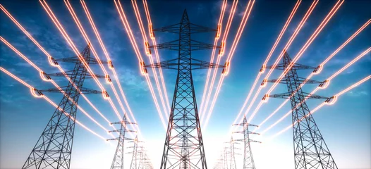 Foto op Aluminium Electricity transmission towers with glowing wires against blue sky - Energy concept  © peterschreiber.media