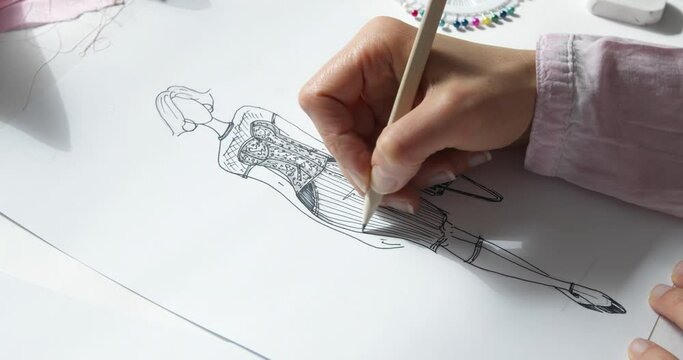 Woman designer draws sketches of clothes with a pencil on paper. The artist creates a design for a fashionable women's dress. 4K.