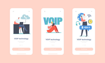 VOIP Technology, Voice over IP Mobile App Page Onboard Screen Template. Characters Use Telephony, Telecommunication