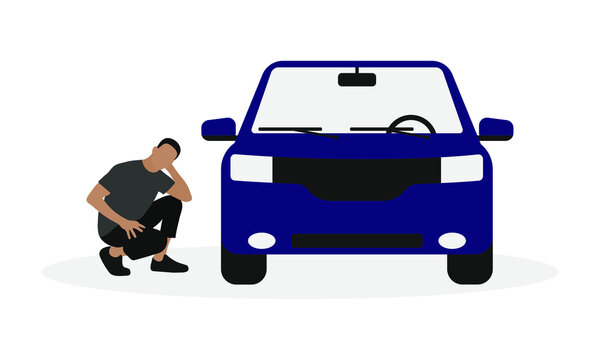 man squatting near blue car clip art preview