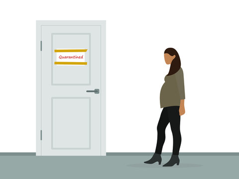 A pregnant female character stands near a closed door with an announcement "In quarantine"