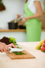 Unknown young woman slicing greens for a delicious fresh vegetarian salad while sitting and smiling at the kitchen desk, just hands, close-up. Cooking concept
