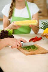 Unknown young woman slicing greens for a delicious fresh vegetarian salad while sitting and smiling at the kitchen desk, just hands, close-up. Cooking concept
