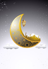 illustration of ornamental mosque in golden crescent moon on white ramadan kareem