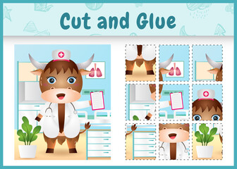 Fototapeta premium Children board game cut and glue with a cute buffalo using costume nurses