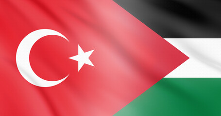 The flags of Turkey and Palestine in the form of cooperation between countries. for palestine freedom from colonialism.