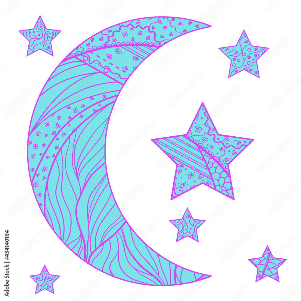 Sticker zentangle moon and star with abstract patterns on isolation background. design for spiritual relaxat