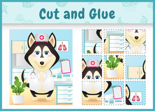 Children board game cut and glue with a cute husky dog using costume nurses