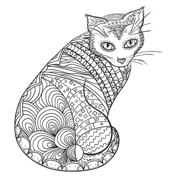 Cat. Design Zentangle. Hand drawn cat with abstract patterns on isolation background. Design for spiritual relaxation for adults. Zen art. Decorative style. Print for polygraphy, posters and textiles