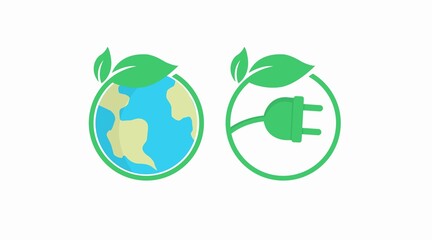 Ecological environment icon set. Flat isolated illustration of an earth globe and a plug