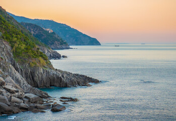 Corniglia (Italy) - A view of Monterosso, one of Five Lands villages in the coastline of Liguria region, part of the Cinque Terre National Park
