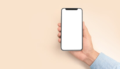 Hand holding smartphone device touching screen