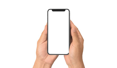 Hand holding smartphone device touching screen