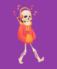 Funny cartoon skeleton listened music in headphone. Bony character. Human bones illustration skeletal. Dead man on color background