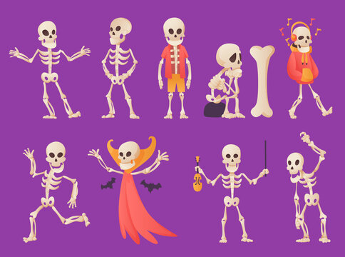 Funny cartoon skeleton. Bony character. Human bones illustration skeletal. Set of dead people dancing, standing, listen music on color background