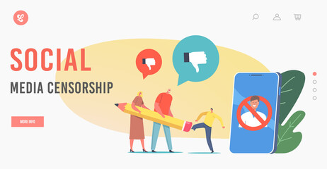 Social Media Censorship Landing Page Template. Cancel Culture Ban, Tiny Characters Erasing Person at Huge Smartphone