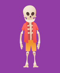 Funny cartoon skeleton posing while standing in shorts and a t-shirt. Bony character. Human bones illustration skeletal. Dead man on color background