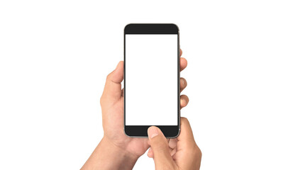 Hand holding smartphone device touching screen