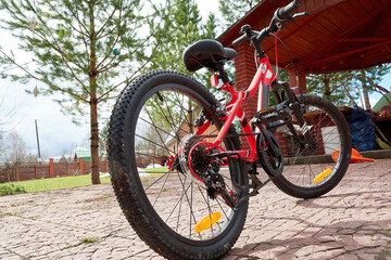 Fototapeta na wymiar Kids mountain bike staying on the yard and ready for a ride. Children's sport and leisure activity theme and backgrounds