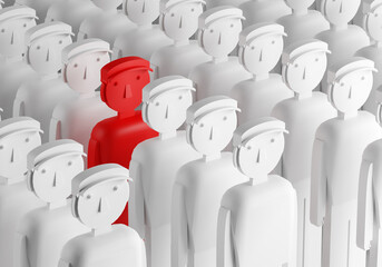 Obraz premium Recruitment. Sherny people. One person is marked in red. Problems in the team. Stand out in the crowd of people. 3D image.