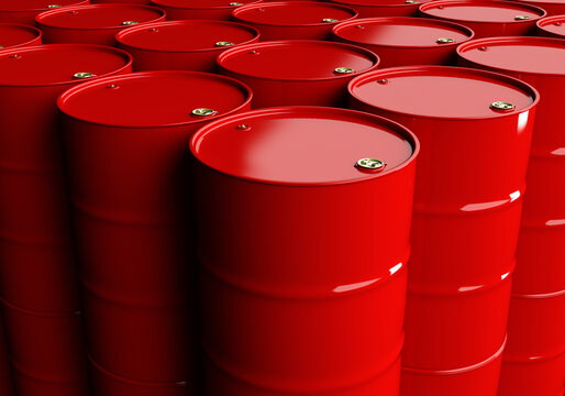 Racks of red barrels. Storage of chemicals. Transportation of barrels.