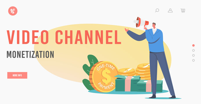Video Channel Monetization Landing Page Template. Tiny Male Character with Megaphone Promote Subscription Business Model