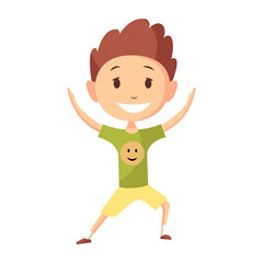Fitness sport. Boy posing and making gymnastic exercises. Funny cartoon colorful character. Cute gymnastics for children and healthy lifestyle sport illustration.  happy kid fitness