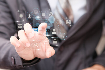 Businessman hand touching virtual screening big data and digital transformation technology strategy, digitalization of business processes and data, Digital transformation change management