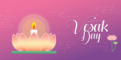 Happy vesak day or buddha purnima banner design. Lotus lamp in flat vector illustration on gradient background.