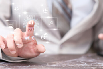 Businessman hand touching virtual screening big data and digital transformation technology...