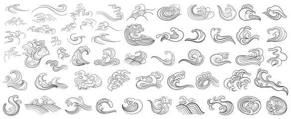 Set of vector contour elements of oriental waves - obrazy, fototapety, plakaty