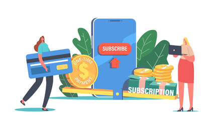 Subscription Service Internet Technology Concept. Tiny Female Characters Working on Laptop with Bank Card Subscribe App
