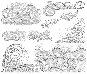 A set of vector contour elements, templates on the theme of waves in an oriental style.