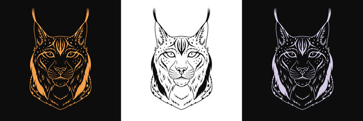 Gold, black and silver lynx head, set of isolated outline lynx face. Predatory bobcat