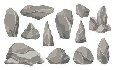 Rocks and stones single or piled for damage and rubble. Large and small stones. Set of flat design icons.  illustration for game art architecture design