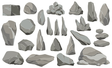 Rocks and stones single or piled for damage and rubble. Large and small stones. Set of flat design icons.  illustration for game art architecture design