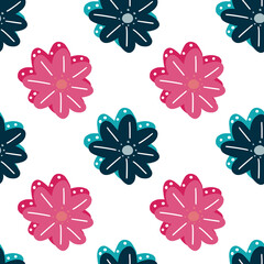 Fototapeta premium Summer isolated seamless pattern with navy blue and pink chamomile flowers print. White background.