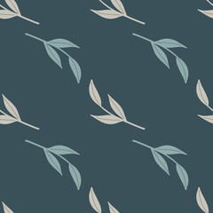 Fototapeta na wymiar Nature botanic seamless pattern with simple blue and grey nordic twigs print. Navy blue background.