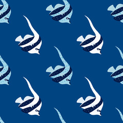 Bright blue seamless pattern with doodle imperial angelfish silhouettes. Hand drawn aqua decoration.