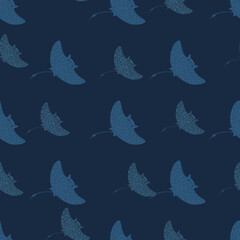 Wildlife seamless pattern with nature stingray silhouettes print. Navy blue dark backround. Doodle shapes.