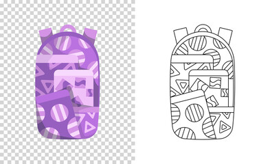 Colorful backpack of pupil. Kids school bag. Extravagant student satchel. Education and study, school backpack icon. Sketch and color style  illustration